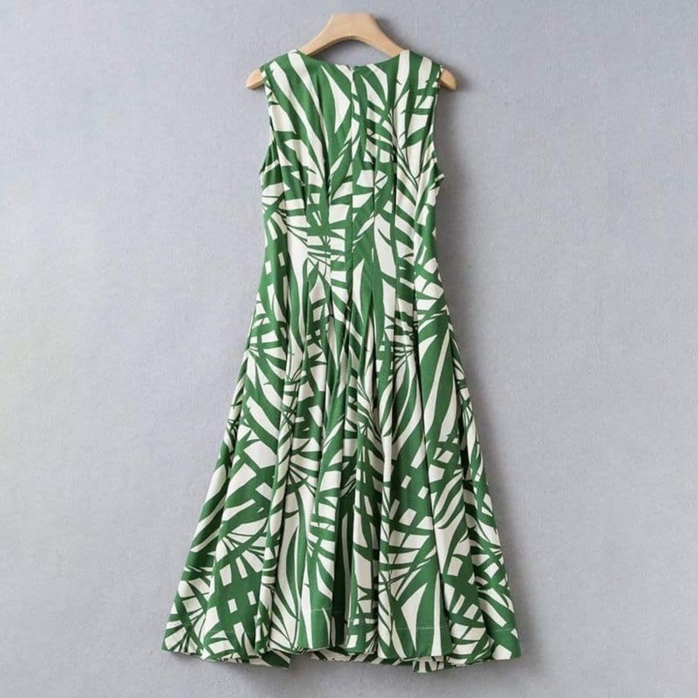 Kate Spade Palm Fronds Amelia Sz 12 Skater Dress Green Sleeveless V-Neck Pleated - Picture 6 of 11